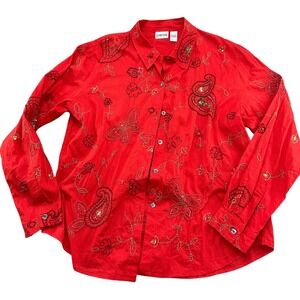 Chicos Shirt Women 12/Large Red All Embellished Paisley Boho Retro Cotton Top